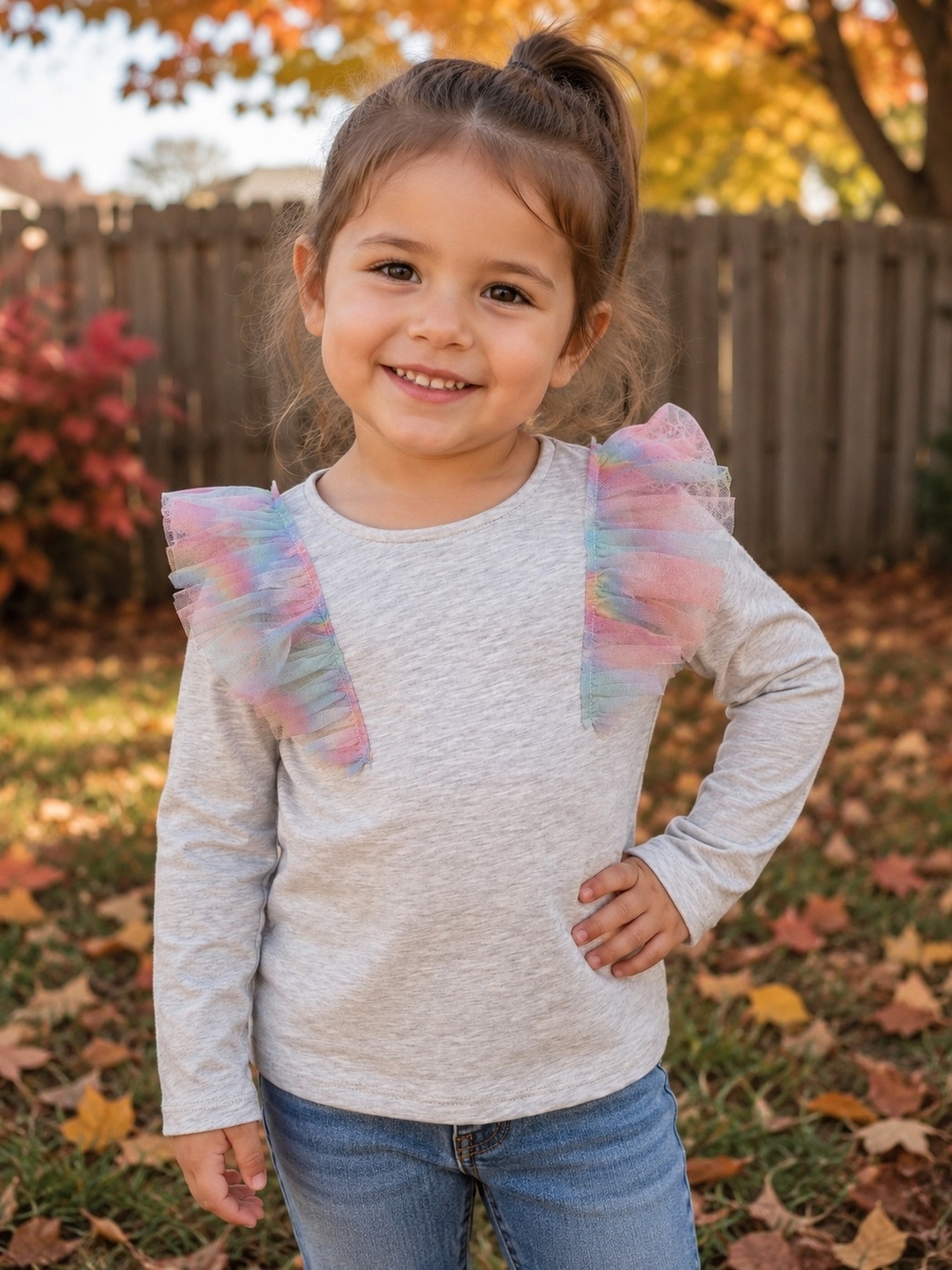 H&M Gray Long-Sleeve Tee with Rainbow Tulle Ruffle Shoulders